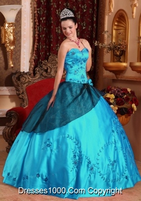 Teal Ball Gown Sweetheart  Satin Embroidery Quinceanera Dress with Beading