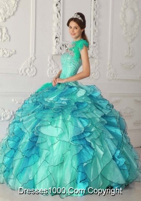 Turquoise Ball Gown Strapless Quinceanera Dress with Organza Beading