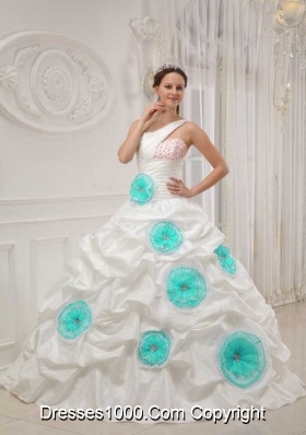 White Ball Gown One Shoulder Quinceanera Dress with Taffeta Beading