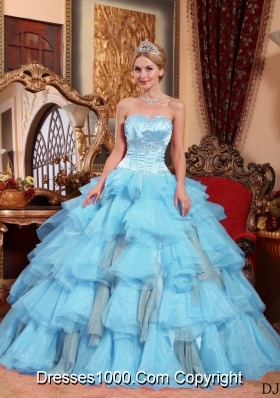 Aqua Blue Ball Gown Sweetheart Quinceanera Dress with  Organza Beading