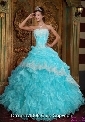 Aqua Blue Ball Gown Strapless Floor-length Quinceanera Dress  with Ruffles Organza