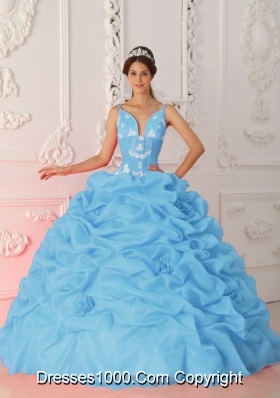 Baby Blue Ball Gown Straps Quinceanera Dress with Organza Appliques