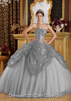 Classical Grey Puffy Sweetheart Sequined and Handle Flowers for 2014 Quinceanera Dress