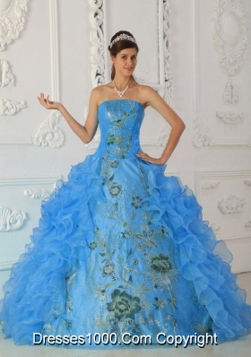 Exquisite Ball Gown Strapless Floor-length Embroidery Aqua Blue Quinceanera Dress