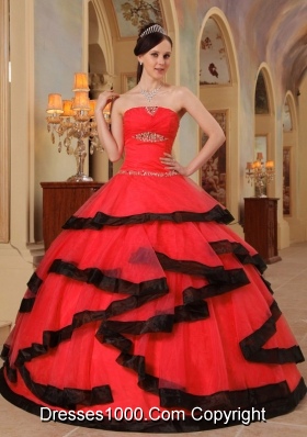 Red Organza Beading Red and Black Dresses For Quinceaneras
