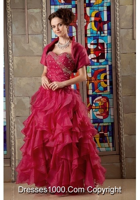 Wine Red A-line Sweetheart Organza Beading and Ruffles Sweet 16 Dresses