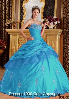 2014 Fashionable Aqua Blue Ball Gown Sweetheart Beading Quinceanera Dress with Appliques