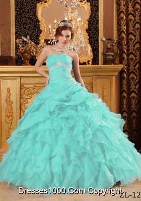 Aqua Blue  Ball Gown Floor-length Organza Quinceanera Dress with Beading  Ruffles