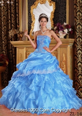 Aqua Blue  Ball Gown Strapless Floor-length Quinceanera Dress  with Organza