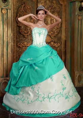 Aqua Blue  Ball Gown Strapless Floor-length Satin Quinceanera Dress  with  Embroidery