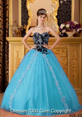 Aqua Blue Princess Sweetheart Beading Quinceanera Dress with Hand Made Flowers