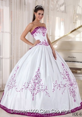 Fuchsia and White Strapless Satin Embroidery Sweet Sixteen Quinceanera Dresses