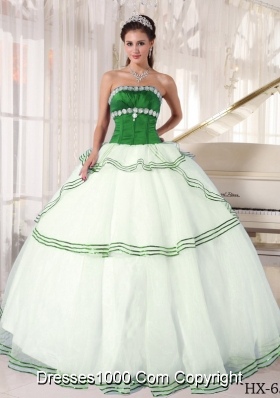 Puffy Strapless Organza Appliques Green and White Quinceanera Dress