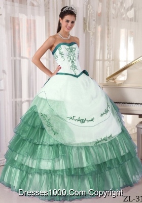 Sweetheart Organza Embroidery Turquoise and White Quinceanera Dress