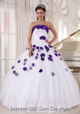 White Strapless Beading and Purple Floral Dresses For a Quinceanera