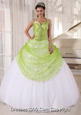 Yellow Green and White Quinceanera Dresses Spaghetti Straps Sequin Appliques