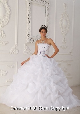 Organza Hand Made Flowers and Pick-ups White Court Train Quinceanera Gowns