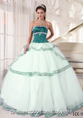 Puffy Turquoise and White Sweet Sixteen Quinceanera Dresses with Appliques