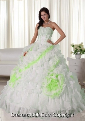Sweetheart Court Train Organza Appliques and Ruffles White Quinceanera Gowns