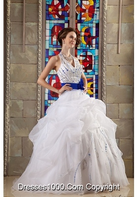 White Beaded Halter Organza Quinceanera Dress with Royal Blue Sash