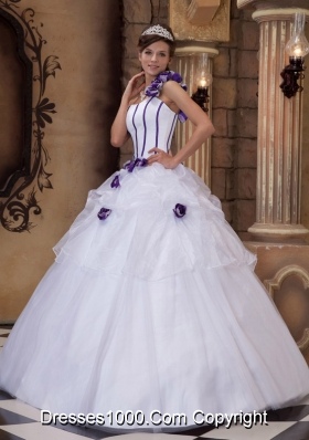White One Shoulder Purple Hand Made Flowers Quinceaneras Dress