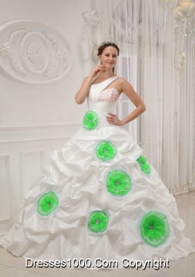White One Shoulder Quinceanera Dresses with Beading and Green Hand Made Flowers