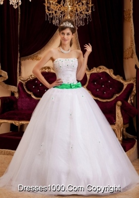 White Princess Strapless Appliques Dress For Quinceaneras with Turquoise Bow