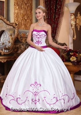 White Puffy Strapless Quinceanera Gowns with Fuchsia Embroidery