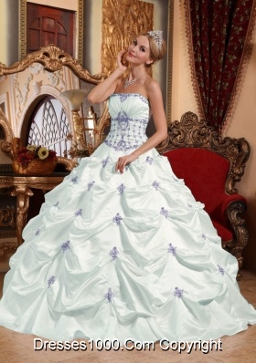 White Strapless Taffeta Appliques and Pick-ups Quinceanera Gowns