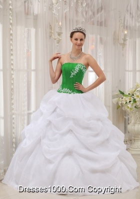 Strapless Organza Appliques White and Green Quinces Dresses with Pick-ups