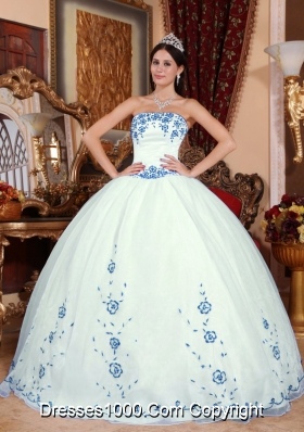 Strapless OrganzaWhite Quinceanera Dress with Blue Embroidery