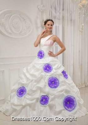 White One Shoulder Beading and Hand Made Flowers Sweet Sixteen Dresses