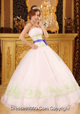 Green Embroidery White Quinceanera Gowns with Purple Bow