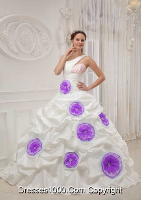One Shoulder Beaded White Sweet 16 Dresses with Purple Hand Made Flowers