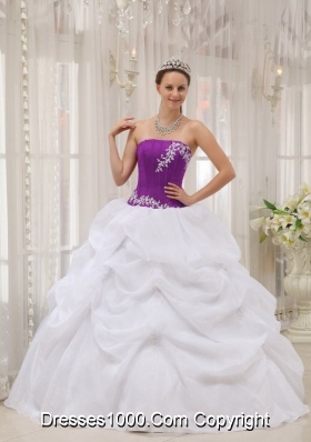 White and Eggplant Purple Strapless Appliques Dresses For a Quinceanera