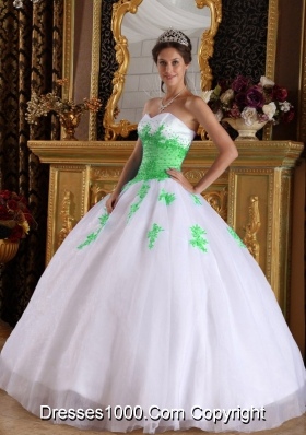 White Ball Gown Sweetheart Appliques Spring Green Quinceanera Gown