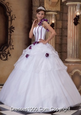 White Princess One Shoulder Quinceanera Gowns with Purple Hand Made Flowers