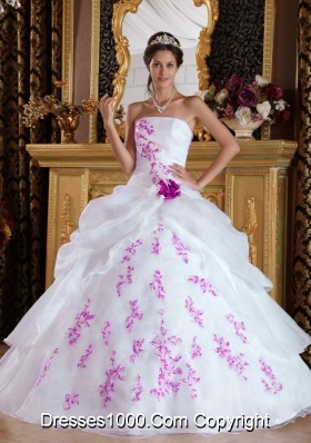 White Princess Strapless Organza Pink Embroidery Dresses For a Quince