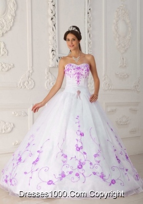 White Princess Strapless Quinceanera Dress with Purple Embroidery