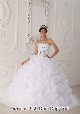 White Strapless Sweep Train Organza Sweet 15 Dresses with Blue Hand Made Flower