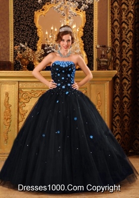 2014 Popular Puffy Strapless Appliques Black Quinceanera Dress with Beading