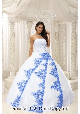 Beautiful White Quinceanera Dresses Gowns with Blue Embroidery