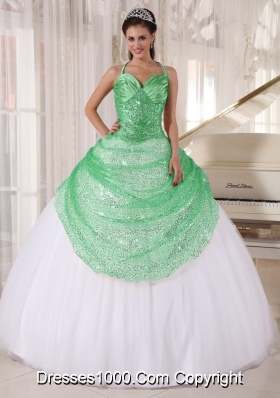 White Halter Top Apple Green Sequin Appliques Quinceanera Dress