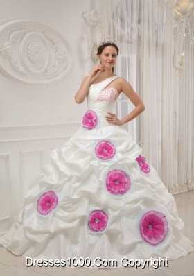 White One Shoulder Beading and Pink Hand Made Flowers Dresses For a Quince