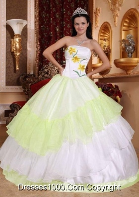 White Organza Yellow Green Embroidery Sweet Sixteen Quinceanera Dresses