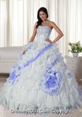 White Sweetheart Court Train Organza Appliques Dress For Quinceaneras