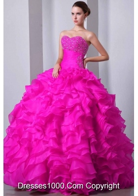 2014 Hot Pink Princess Sweetheart Quinceanea Gown with Beading