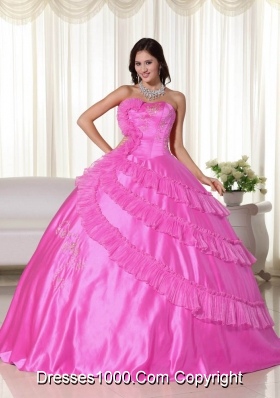 2014 Pretty Hot Pink Puffy Strapless Quinceanera Dresses with Embroidery