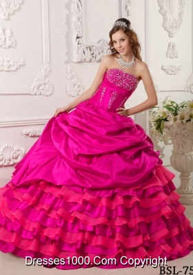Puffy Strapless Beading 2014 Quinceanera Dresses in Hot Pink