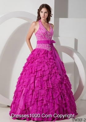 Ball Gown Halter Quinceanera Dress with Chiffon Embroidery